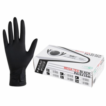Перчатки нитриловые сверхпрочные с текстурой SFM MEGA TEX BLACK, Германия, 25 пар (50 шт.), размер S (малый)