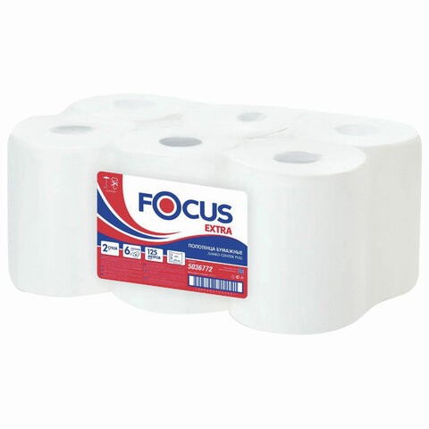 Полотенца бумажные с центральной вытяжкой 125 м FOCUS (Система М2) Jumbo, 2-слойные, белые, КОМПЛЕКТ 6 рулонов, 5036772