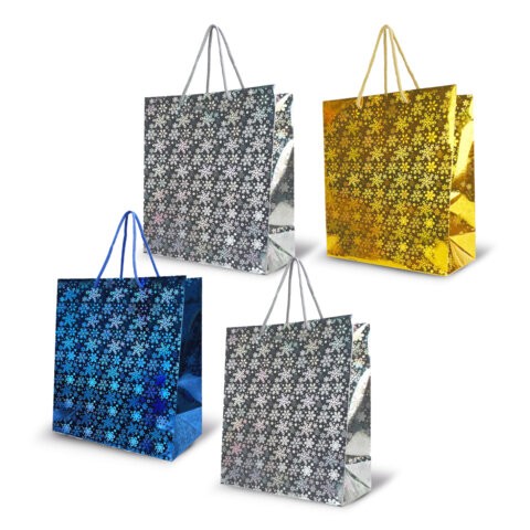 Пакет подарочный новогодний НАБОР 4 шт. 26x13x32 см (L), ГОЛОГРАФИЯ 3 цвета ЗОЛОТАЯ СКАЗКА, 609614