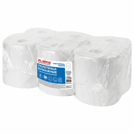 Полотенца бумажные с центральной вытяжкой 300 м, LAIMA (Система M2) UNIVERSAL WHITE, 1-слойные, белые, КОМПЛЕКТ 6 рулонов, 112506