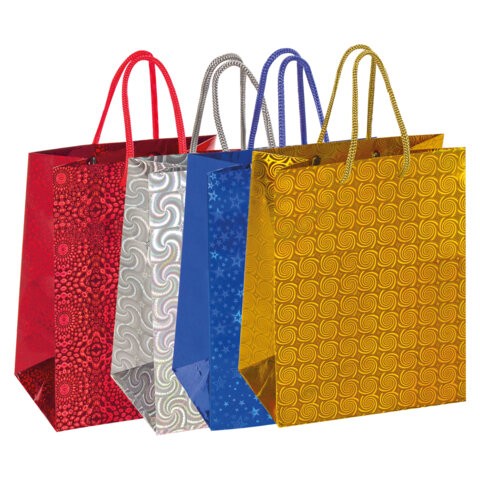 Пакет подарочный 26x13x32 см (L), НАБОР 4 шт., 4 дизайна, голография, ЗОЛОТАЯ СКАЗКА, 609734