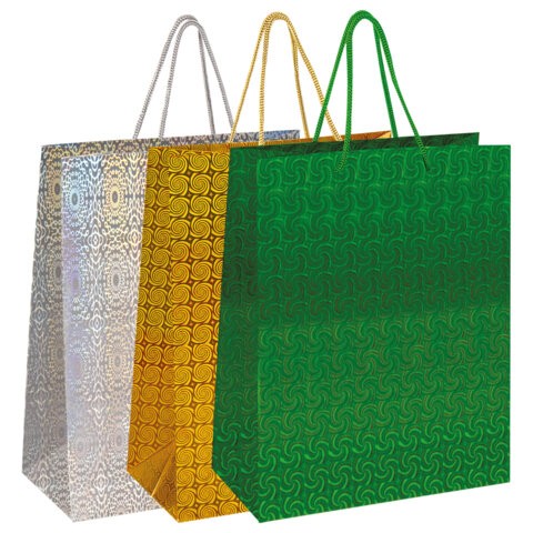 Пакет подарочный 33x13x45 см (XL), НАБОР 3 шт., 3 дизайна, голография, ЗОЛОТАЯ СКАЗКА, 609737